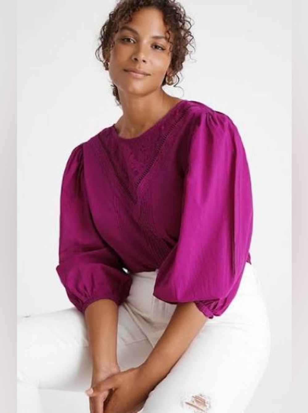 Farm Rio Kelsie blouse size lace boho peasant fuchsia orchid pink Medium